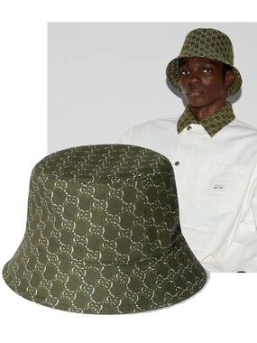GUCCI HAT GREEN COTTON BUCKET w GG LOGO SHADOW PRINT NARROW BRIM sz M